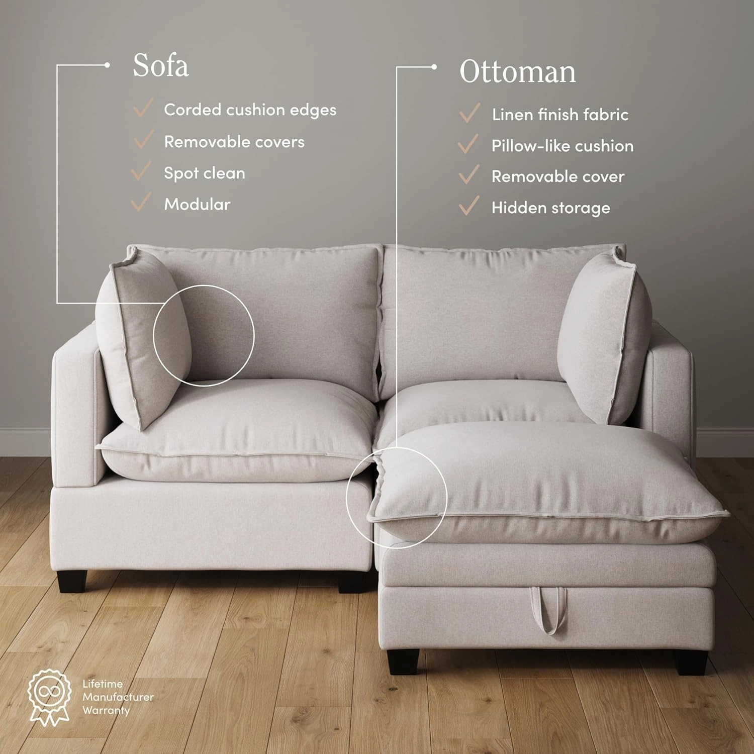 Nathan James Chelsea Modern Cloud Sofa with Ottoman, 2-Seater Sofa Loveseat and Ottoman Set with Linen Upholstery and Deep Seat Cushions, Beige Linen