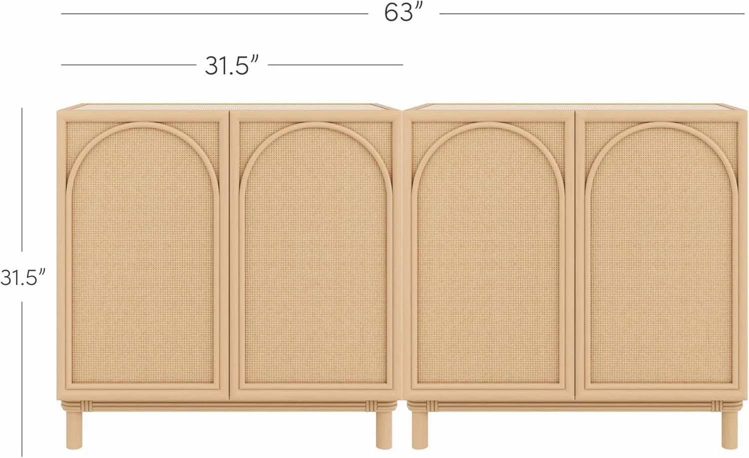 Nathan James Katouche Solid Wood Storage Cabinet or TV Stand with Arched Doors, Rattan Inlays, and Adjustable Interior Shelf, Raw Oak Set of 2
