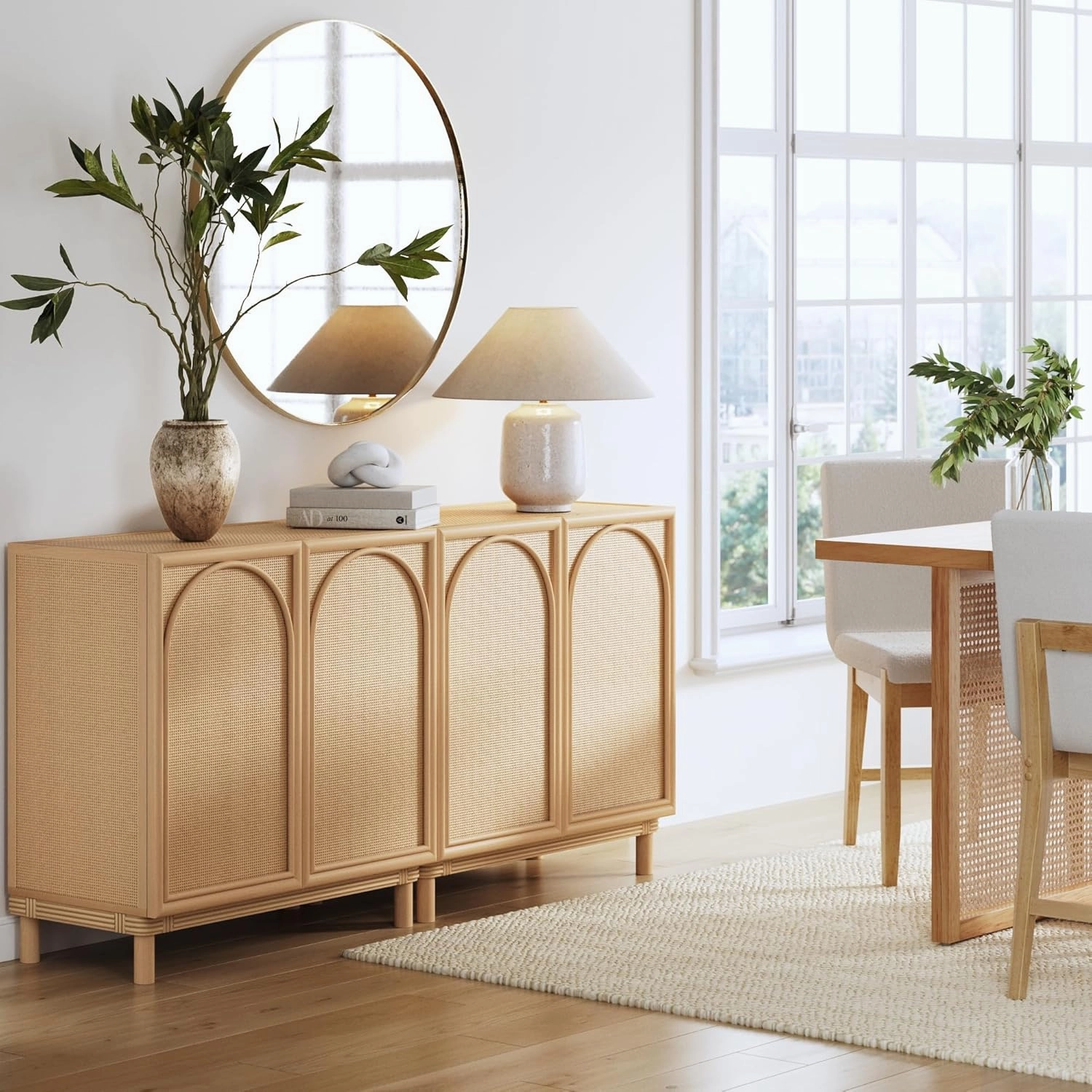 Nathan James Katouche Solid Wood Storage Cabinet or TV Stand with Arched Doors, Rattan Inlays, and Adjustable Interior Shelf, Raw Oak Set of 2