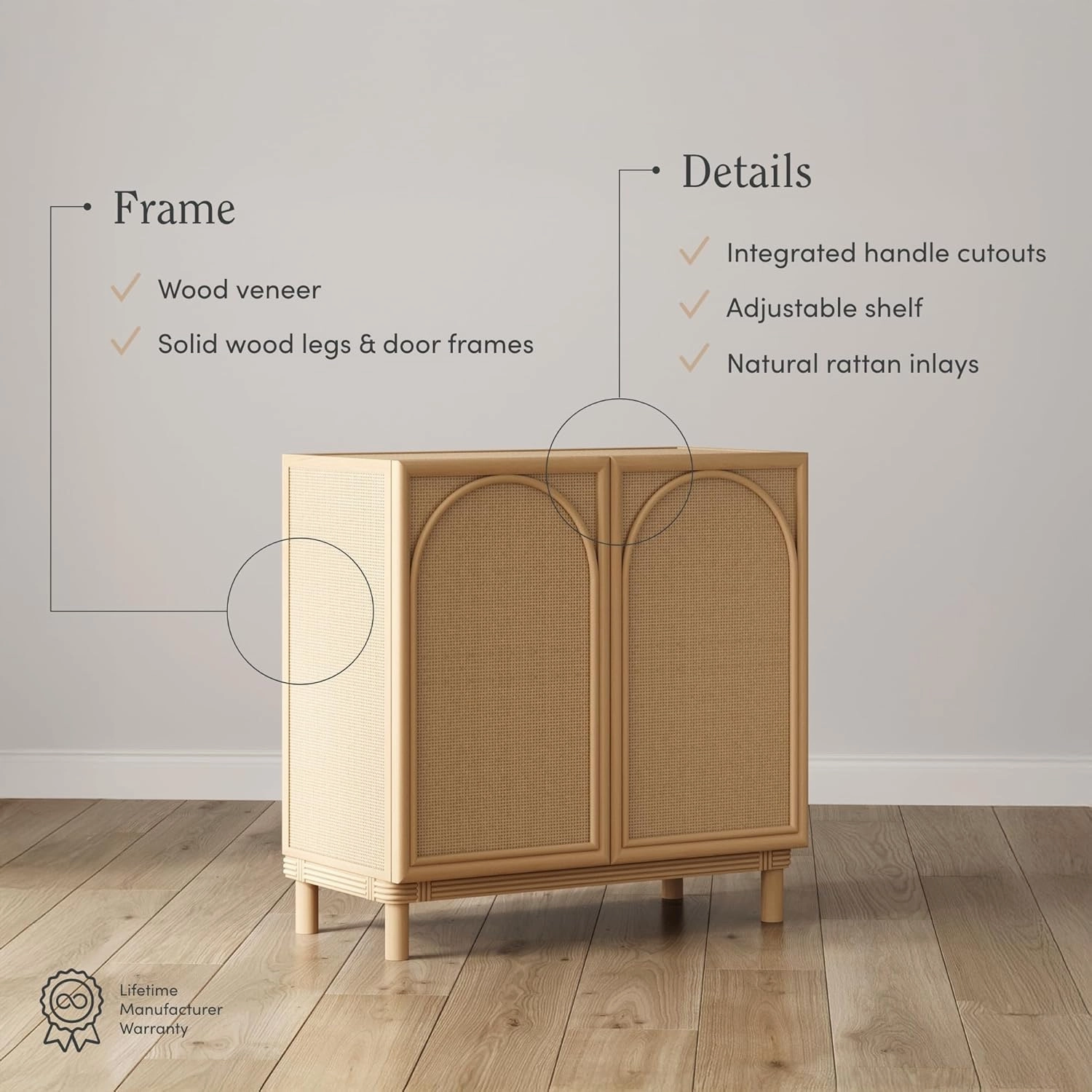 Nathan James Katouche Solid Wood Storage Cabinet or TV Stand with Arched Doors, Rattan Inlays, and Adjustable Interior Shelf, Raw Oak Set of 2