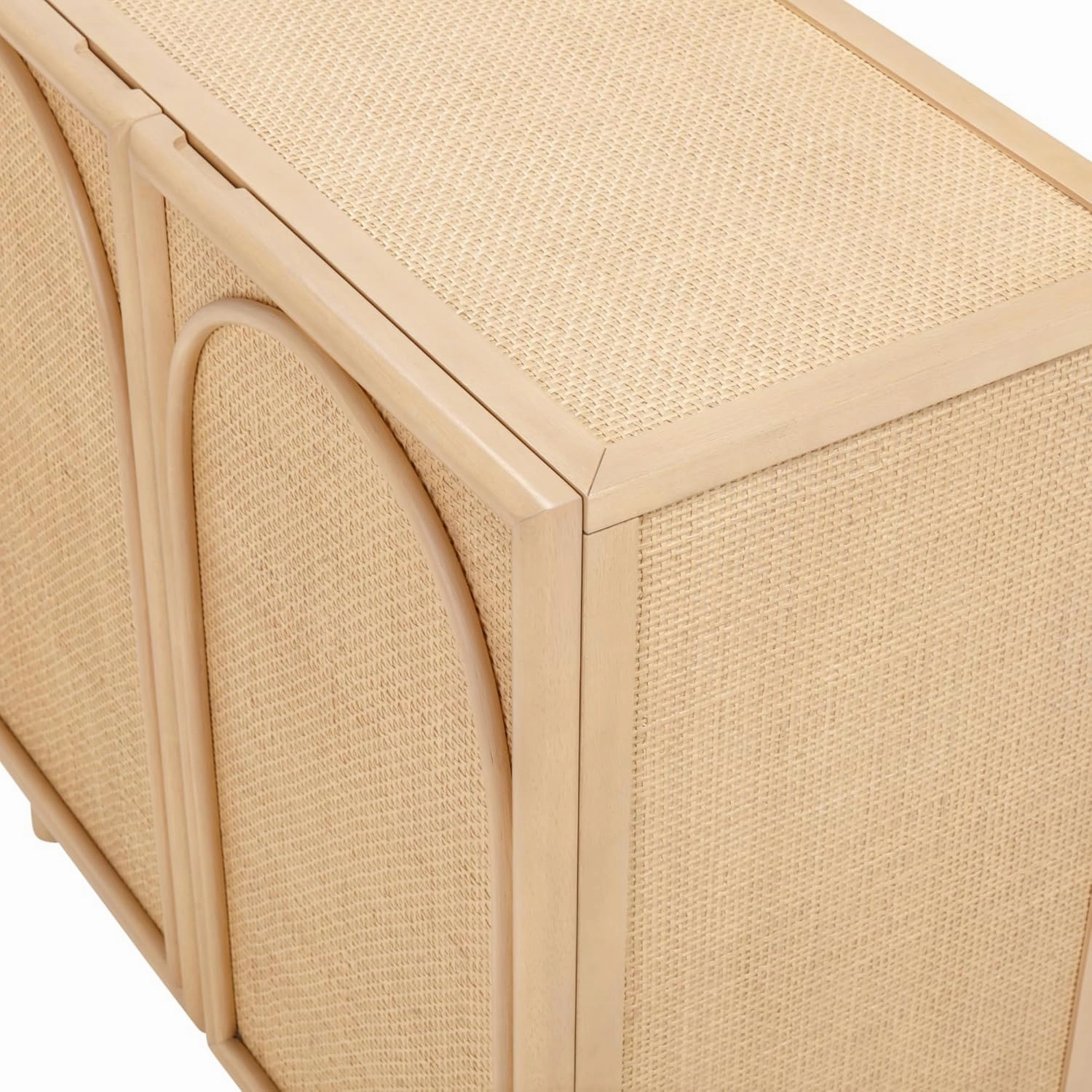 Nathan James Katouche Solid Wood Storage Cabinet or TV Stand with Arched Doors, Rattan Inlays, and Adjustable Interior Shelf, Raw Oak Set of 2