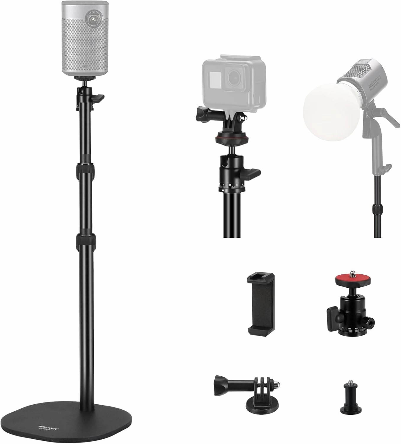 NEEWER Tabletop Projector Stand Compatible with XGIMI Nebula MEVO, 16"-35"/40-90cm Floor Camera Stand with Phone Holder & Action Camera Mount for GoPro/Projector/Webcam/Phone/LED Lights, DS006