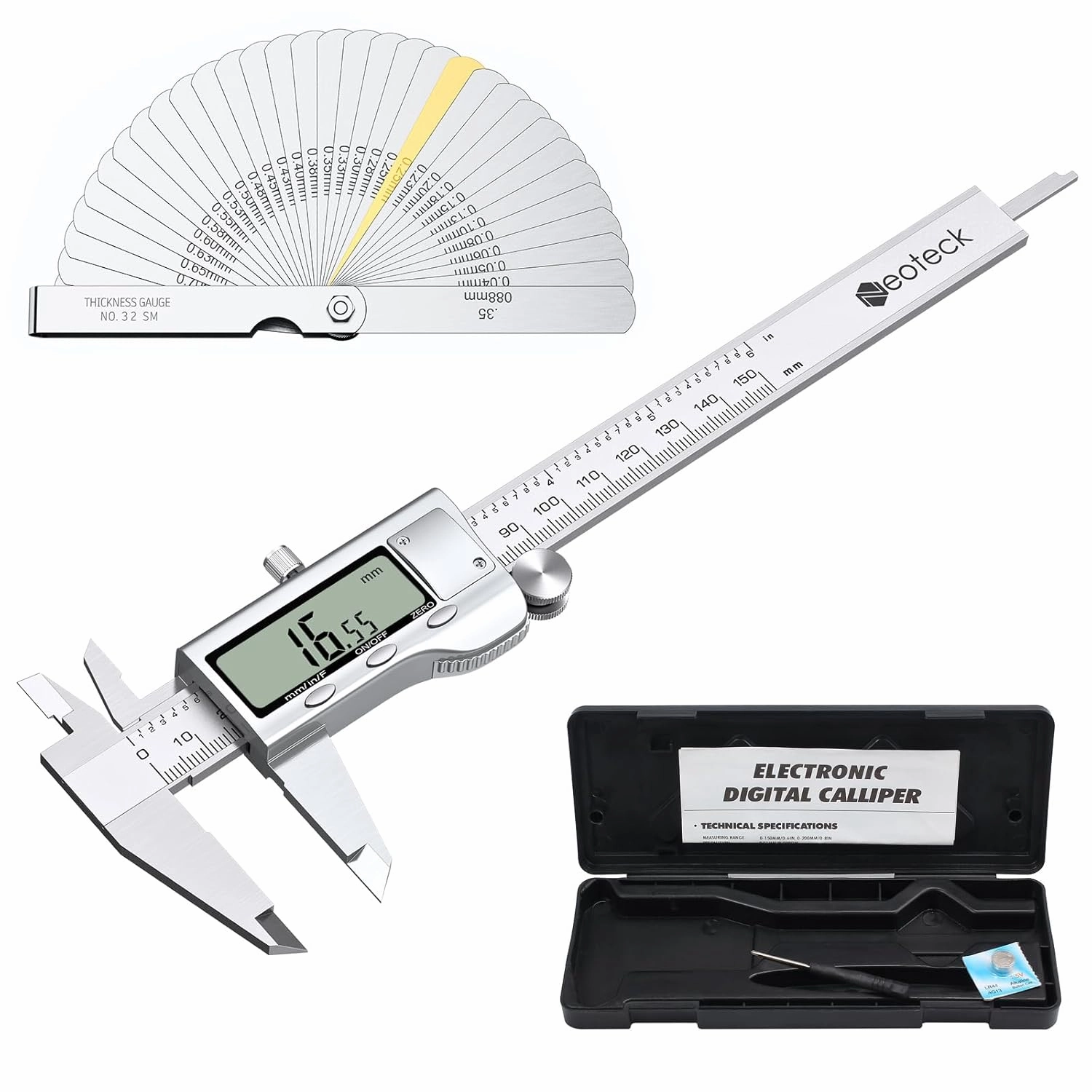 Neoteck 6 inch Digital Caliper and Feeler Gauge Set Stainless Steel LCD Display Digital Caliper Measuring Tool with Fraction/Inch/MM Conversion Used for Inside,Outside Diameter,Depth,Step Measurement