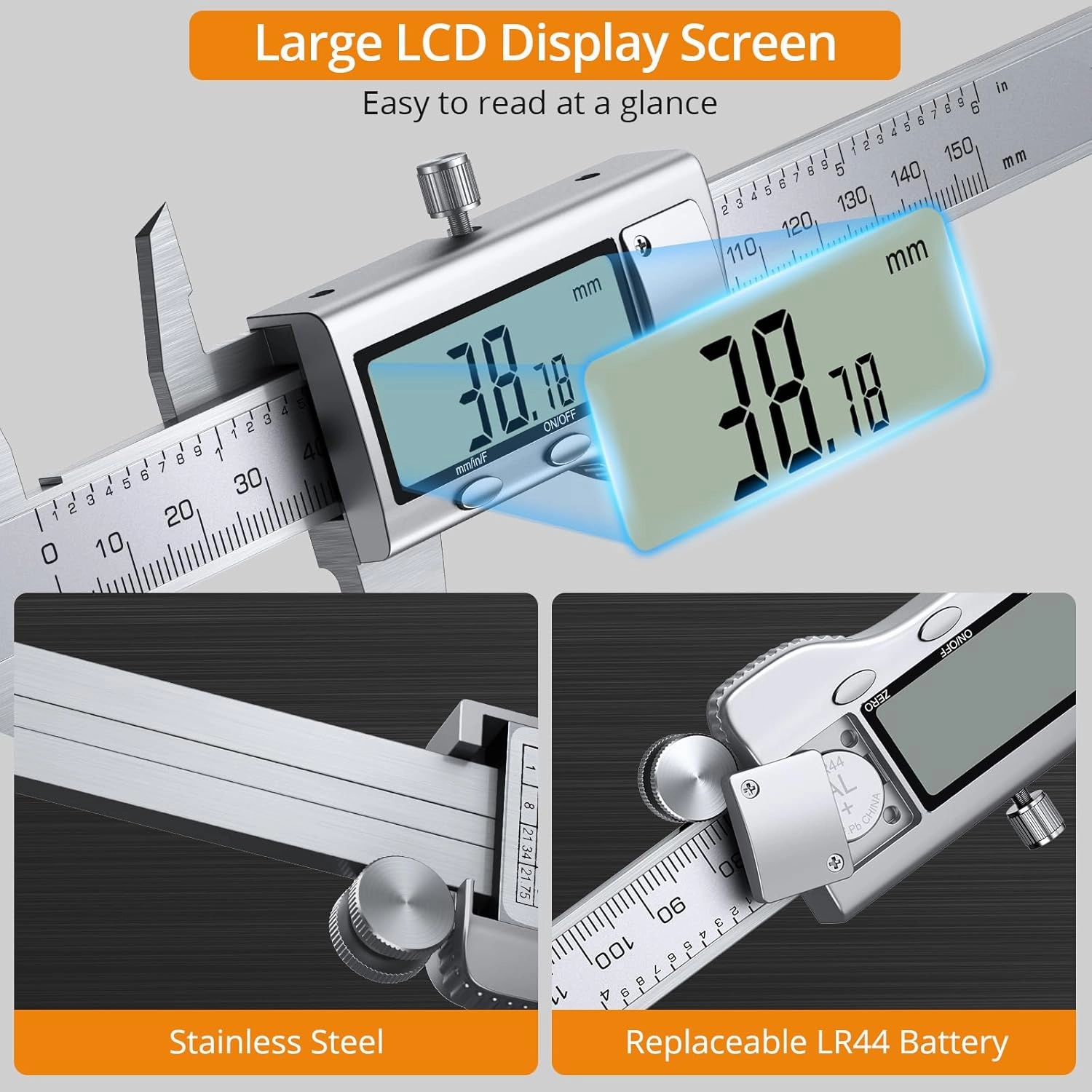 Neoteck 6 inch Digital Caliper and Feeler Gauge Set Stainless Steel LCD Display Digital Caliper Measuring Tool with Fraction/Inch/MM Conversion Used for Inside,Outside Diameter,Depth,Step Measurement