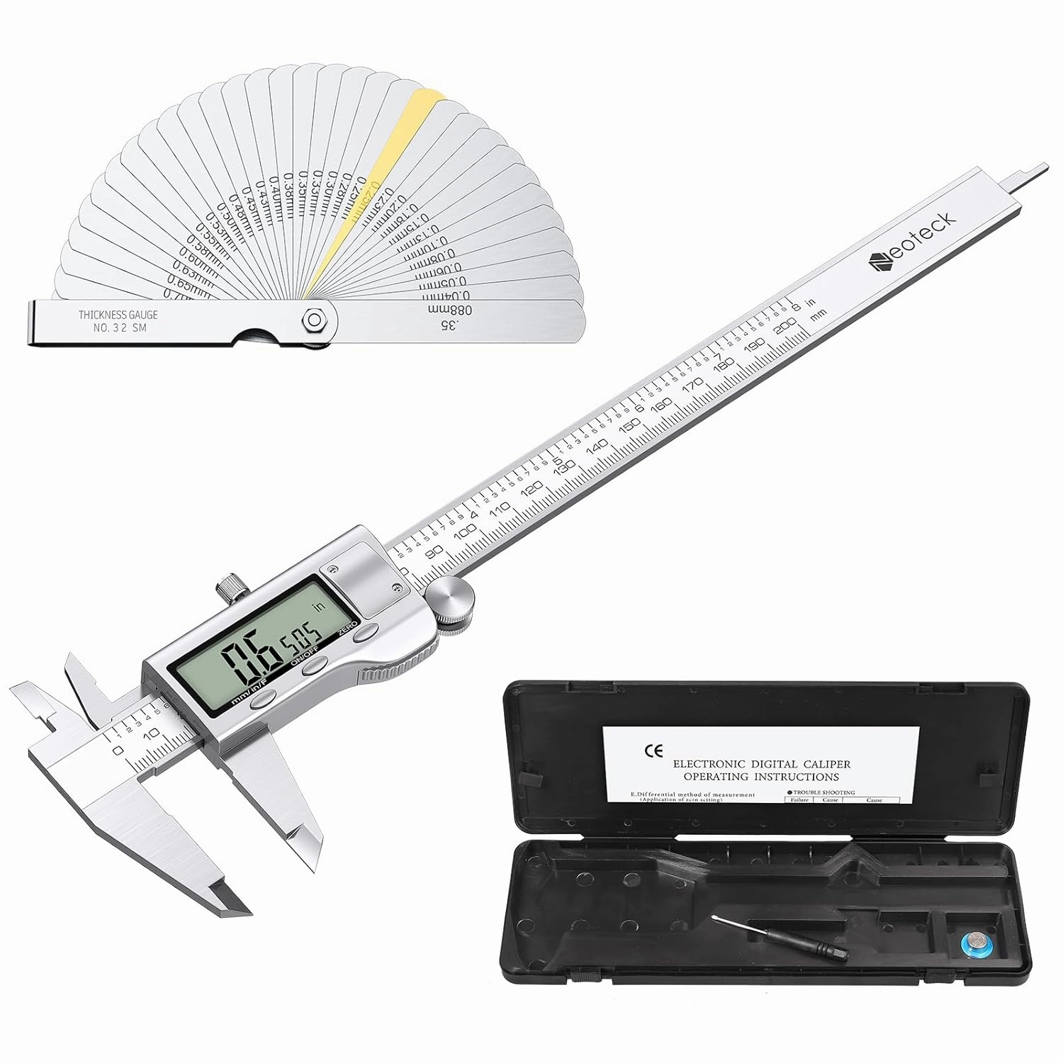 Neoteck 8 inch Digital Caliper and Feeler Gauge Set Stainless Steel LCD Display Digital Caliper Measuring Tool with Fraction/Inch/MM Conversion Used for Inside,Outside Diameter,Depth,Step Measurement