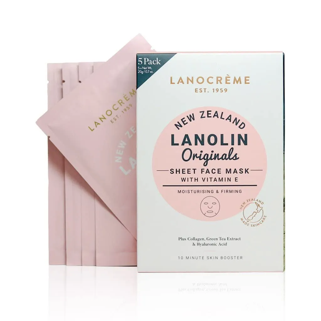 New Zealand Lanolin Sheet Face Mask with Vitamin E | Moisturizing & Firming | Plus Collagen, Green Tea Extract & Hyaluronic Acid | 3-box set (5 packets per box)