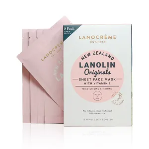 New Zealand Lanolin Sheet Face Mask with Vitamin E | Moisturizing & Firming | Plus Collagen, Green Tea Extract & Hyaluronic Acid | 3-box set (5 packets per box)