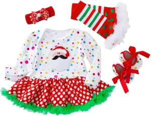 Newborn Baby Girl My First Christmas Outfit Romper Tutu Dress Headband Leg Warmer Shoes 4PCS Holiday Xmas Clothes Set