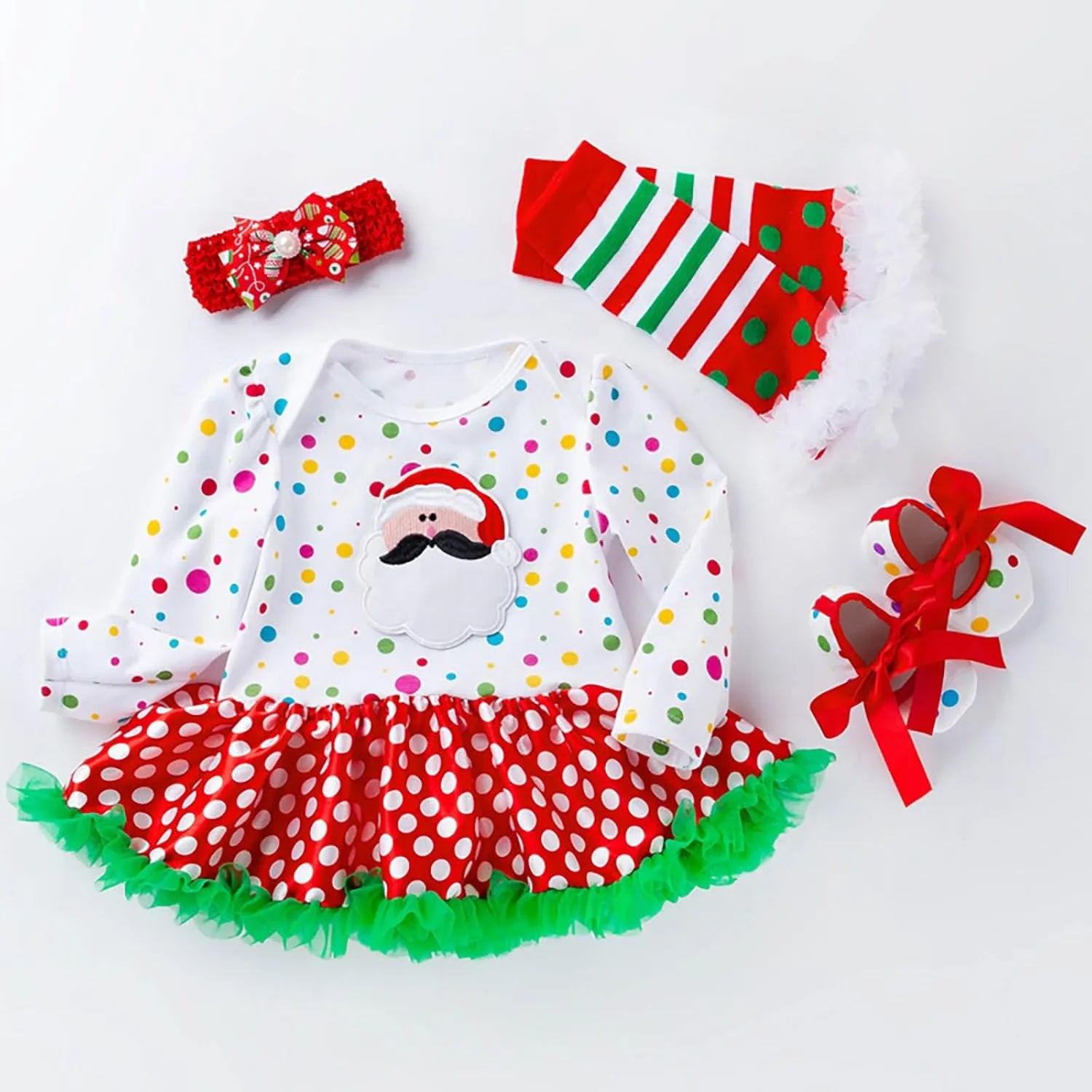 Newborn Baby Girl My First Christmas Outfit Romper Tutu Dress Headband Leg Warmer Shoes 4PCS Holiday Xmas Clothes Set