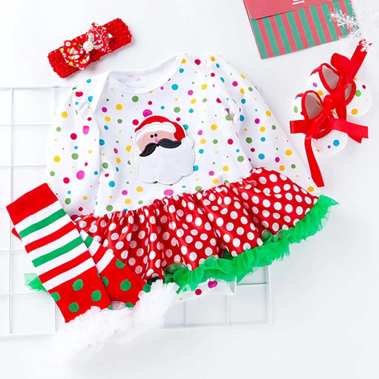 Newborn Baby Girl My First Christmas Outfit Romper Tutu Dress Headband Leg Warmer Shoes 4PCS Holiday Xmas Clothes Set