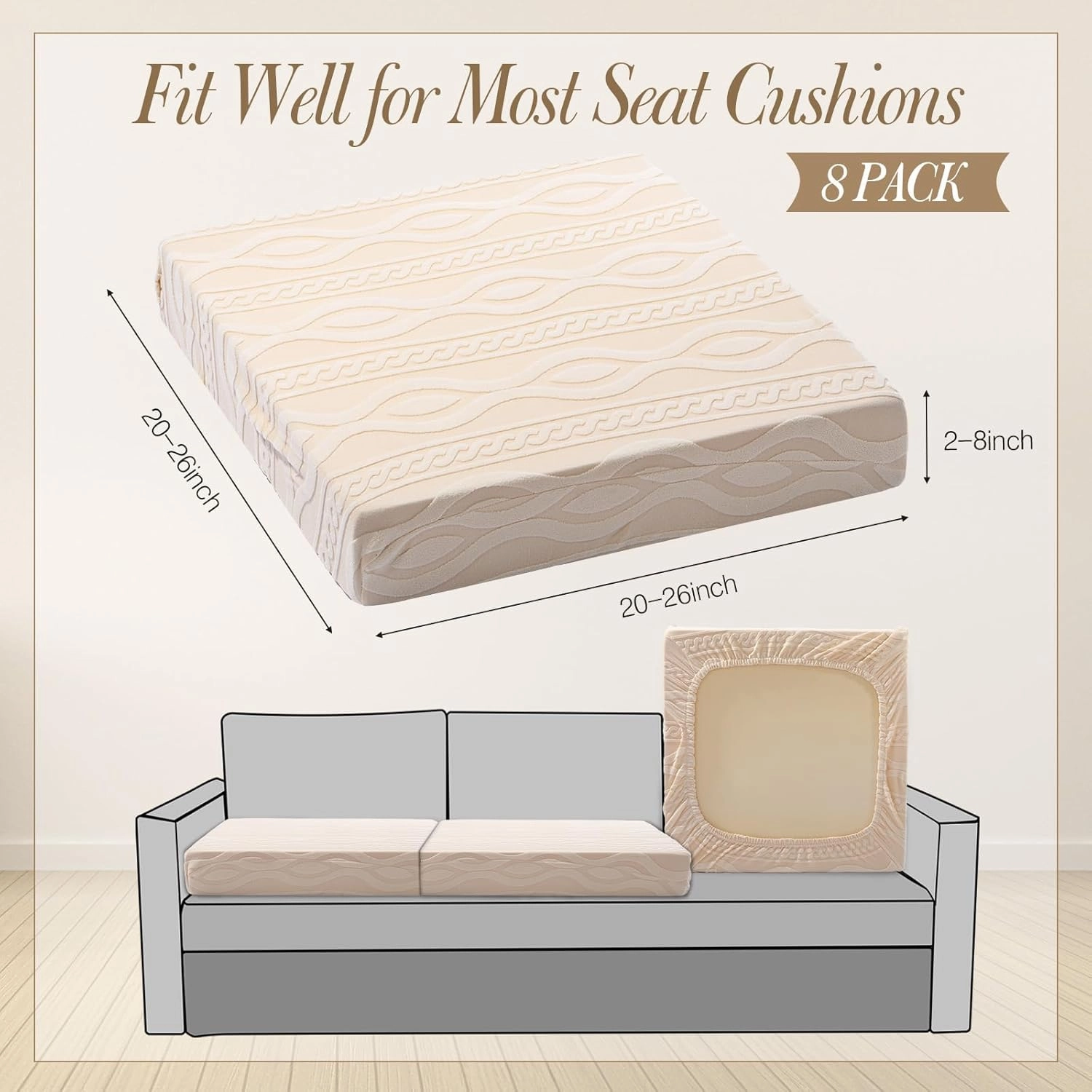 Newwiee 8Pcs Stretch Patio Cushion Covers Outdoor Cushion Covers for Patio Furniture Replacement Couch Sofa Slipcovers Jacquard Textured Soft Fabric Washable Furniture Protector (Beige,Elegant)