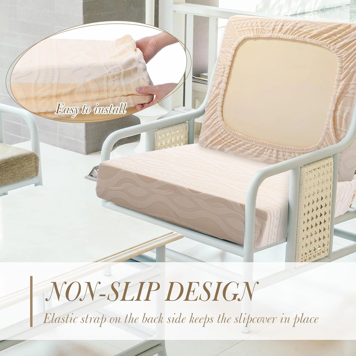 Newwiee 8Pcs Stretch Patio Cushion Covers Outdoor Cushion Covers for Patio Furniture Replacement Couch Sofa Slipcovers Jacquard Textured Soft Fabric Washable Furniture Protector (Beige,Elegant)
