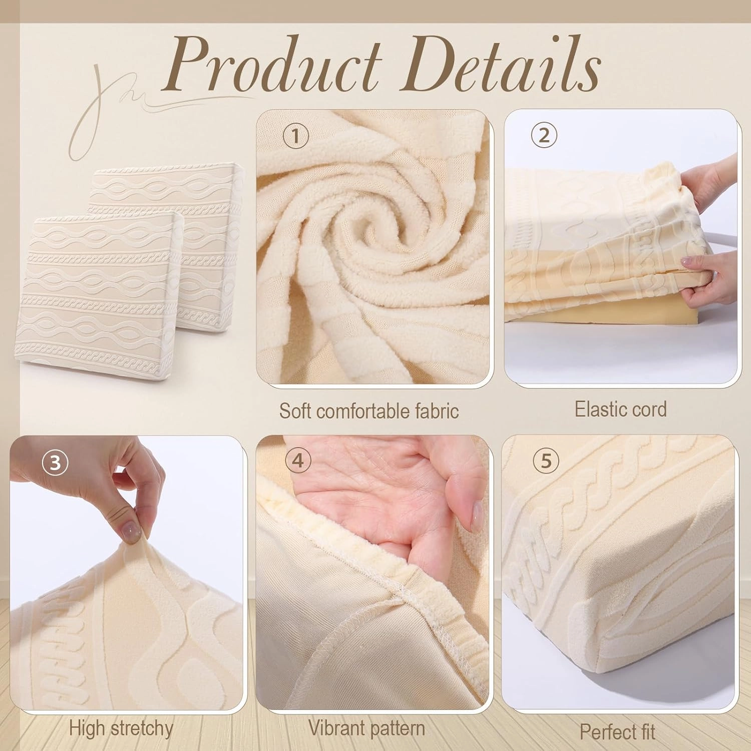 Newwiee 8Pcs Stretch Patio Cushion Covers Outdoor Cushion Covers for Patio Furniture Replacement Couch Sofa Slipcovers Jacquard Textured Soft Fabric Washable Furniture Protector (Beige,Elegant)