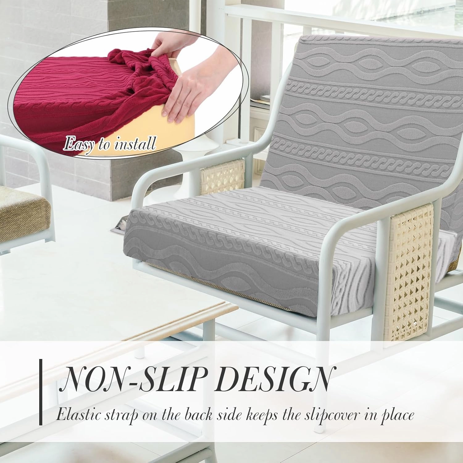 Newwiee 8Pcs Stretch Patio Cushion Covers Outdoor Cushion Covers for Patio Furniture Replacement Couch Sofa Slipcovers Jacquard Textured Soft Fabric Washable Furniture Protector(Light Gray,Elegant)