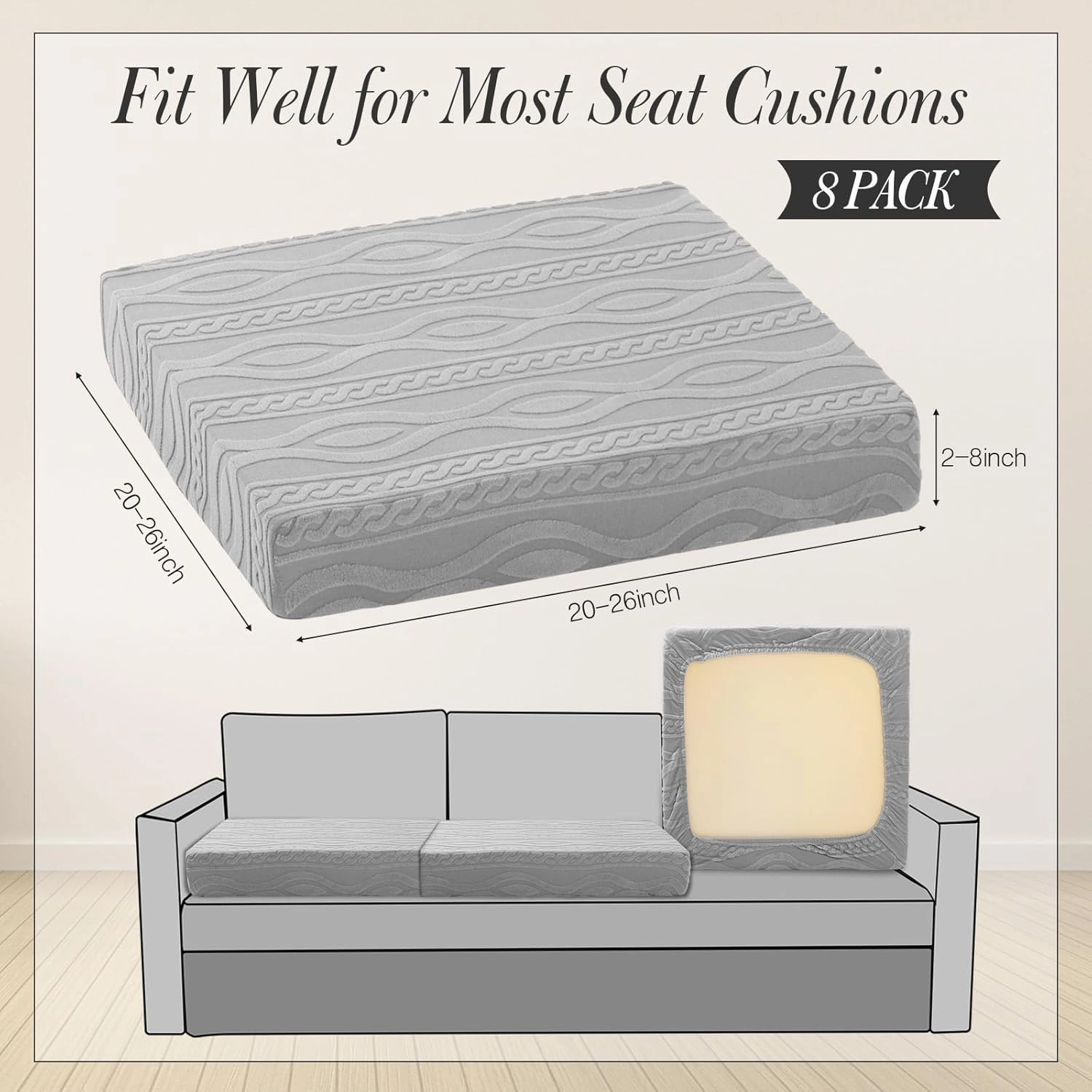 Newwiee 8Pcs Stretch Patio Cushion Covers Outdoor Cushion Covers for Patio Furniture Replacement Couch Sofa Slipcovers Jacquard Textured Soft Fabric Washable Furniture Protector(Light Gray,Elegant)