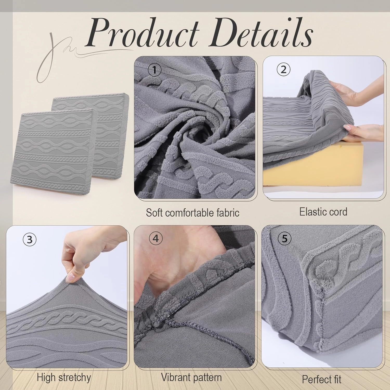 Newwiee 8Pcs Stretch Patio Cushion Covers Outdoor Cushion Covers for Patio Furniture Replacement Couch Sofa Slipcovers Jacquard Textured Soft Fabric Washable Furniture Protector(Light Gray,Elegant)