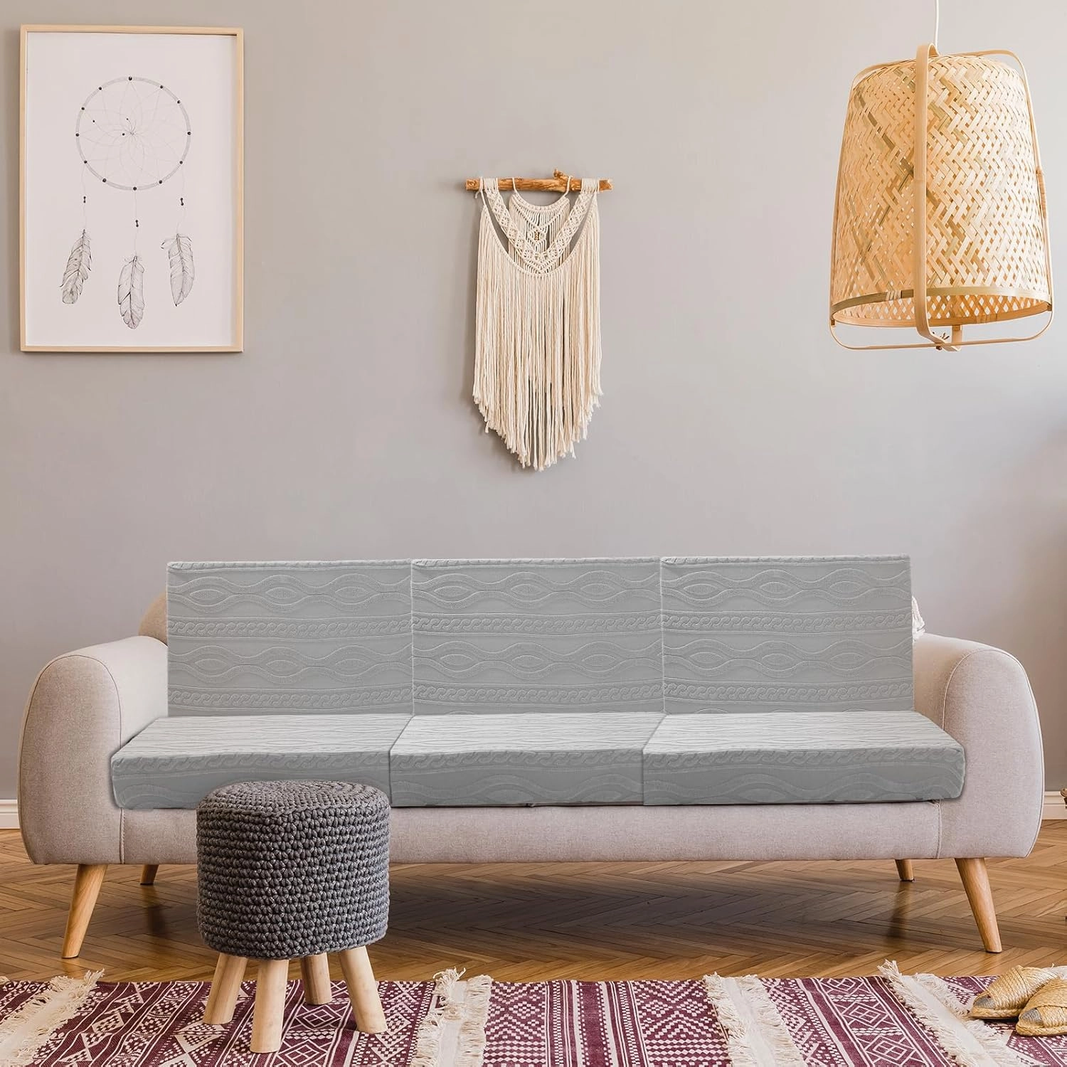 Newwiee 8Pcs Stretch Patio Cushion Covers Outdoor Cushion Covers for Patio Furniture Replacement Couch Sofa Slipcovers Jacquard Textured Soft Fabric Washable Furniture Protector(Light Gray,Elegant)