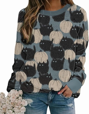 Neyaolk Pumpkin-Sweatshirt Halloween Crewneck Shirt - Cats Graphic Printed Long Sleeve Loose Pullover Top