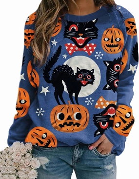 Neyaolk Pumpkin-Sweatshirt Halloween Crewneck Shirt - Cats Graphic Printed Long Sleeve Loose Pullover Top