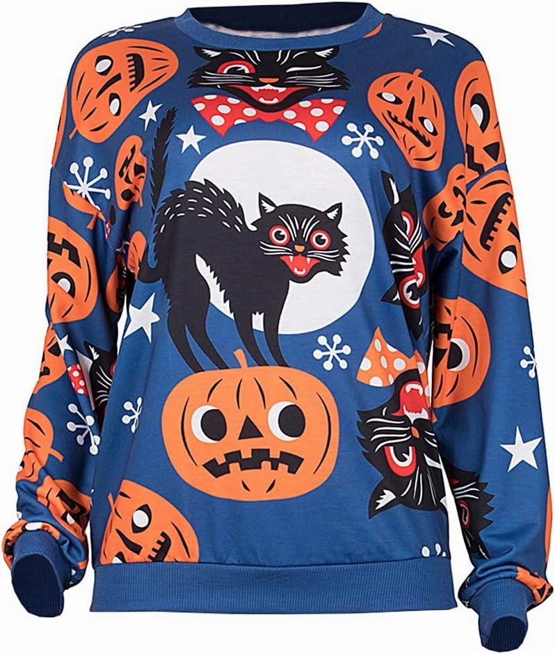 Neyaolk Pumpkin-Sweatshirt Halloween Crewneck Shirt - Cats Graphic Printed Long Sleeve Loose Pullover Top