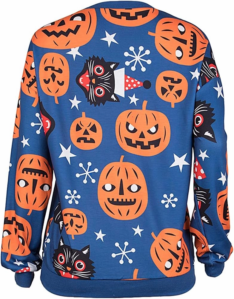 Neyaolk Pumpkin-Sweatshirt Halloween Crewneck Shirt - Cats Graphic Printed Long Sleeve Loose Pullover Top