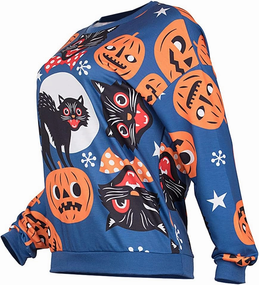 Neyaolk Pumpkin-Sweatshirt Halloween Crewneck Shirt - Cats Graphic Printed Long Sleeve Loose Pullover Top