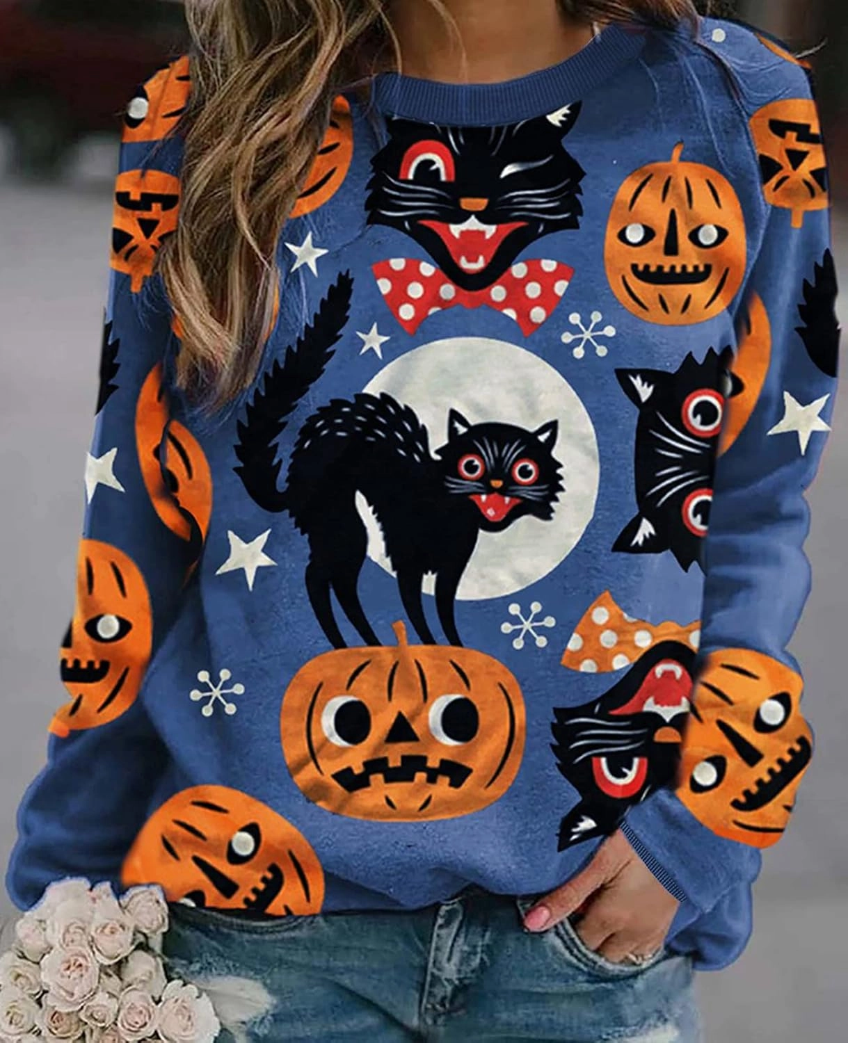 Neyaolk Pumpkin-Sweatshirt Halloween Crewneck Shirt - Cats Graphic Printed Long Sleeve Loose Pullover Top