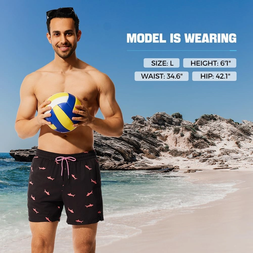 NIMENJOJA Mens 5" Swim Trunks with Compression Liner Stretch Board Shorts Quick Dry Zipper Pockets Beach Shorts