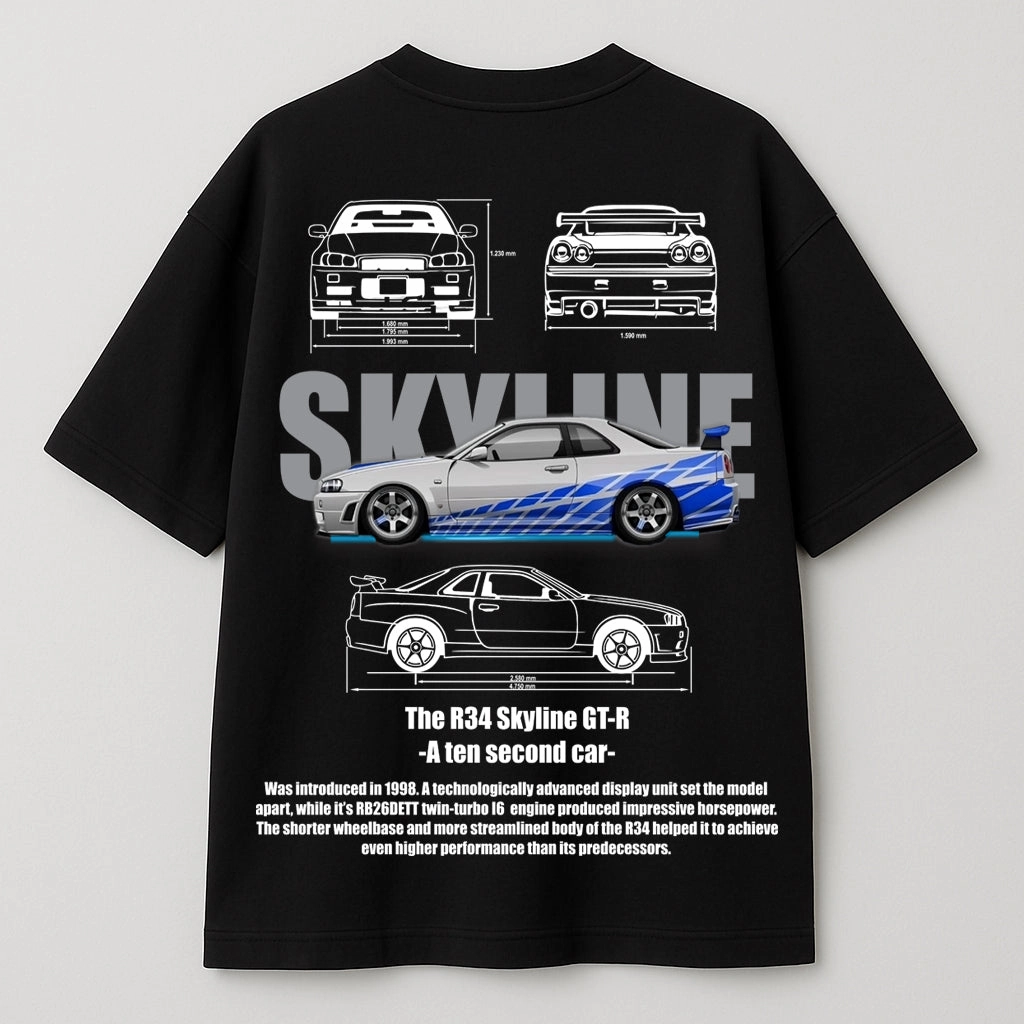 Nissan Skyline R34 GT-R Graphic Oversized T-Shirt – "Ten Second Car" Edition