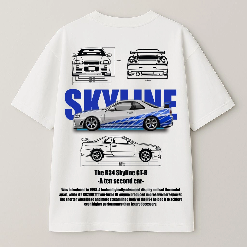 Nissan Skyline R34 GT-R Graphic Oversized T-Shirt – "Ten Second Car" Edition