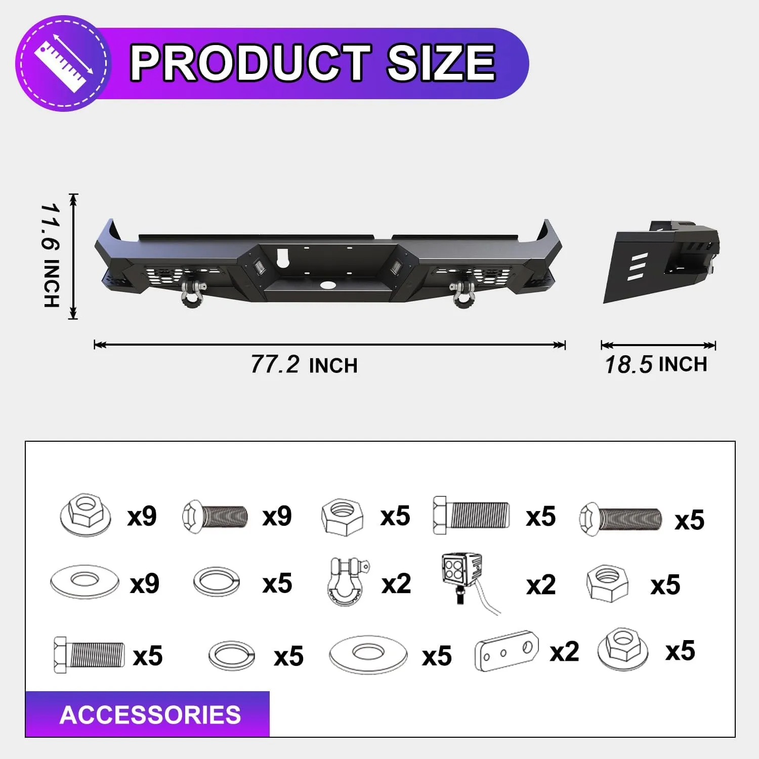 Nixon Offroad Rear Bumper for 2009-2018 Dodge Ram 1500 (Including for 2019-2024 RAM 1500 Classic) Heavy Duty Steel Offroad Back Bumper w/D-Rings w/LED Pod Lights, Side Steps Design, w/Sensor Hole
