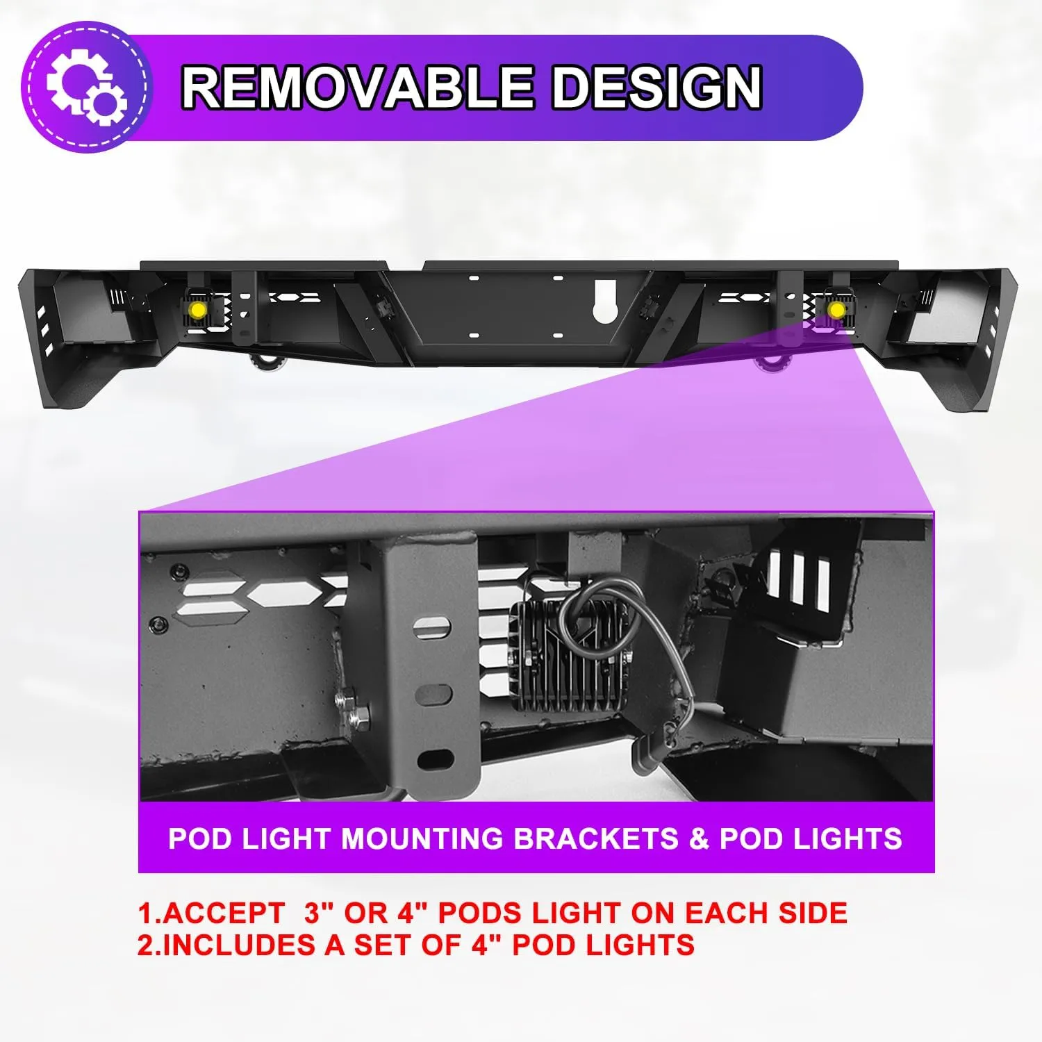 Nixon Offroad Rear Bumper for 2009-2018 Dodge Ram 1500 (Including for 2019-2024 RAM 1500 Classic) Heavy Duty Steel Offroad Back Bumper w/D-Rings w/LED Pod Lights, Side Steps Design, w/Sensor Hole