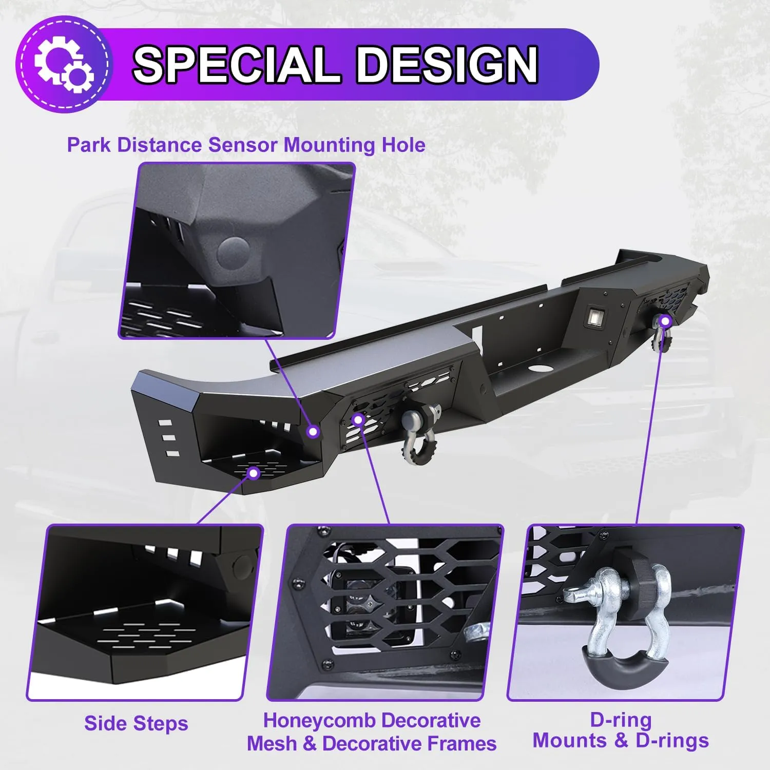 Nixon Offroad Rear Bumper for 2009-2018 Dodge Ram 1500 (Including for 2019-2024 RAM 1500 Classic) Heavy Duty Steel Offroad Back Bumper w/D-Rings w/LED Pod Lights, Side Steps Design, w/Sensor Hole