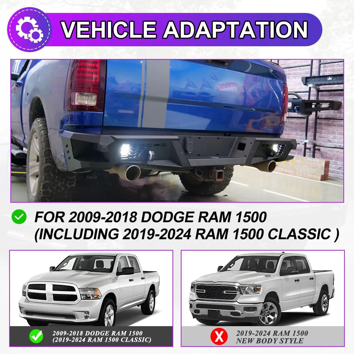 Nixon Offroad Rear Bumper for 2009-2018 Dodge Ram 1500 (Including for 2019-2024 RAM 1500 Classic) Heavy Duty Steel Offroad Back Bumper w/D-Rings w/LED Pod Lights, Side Steps Design, w/Sensor Hole