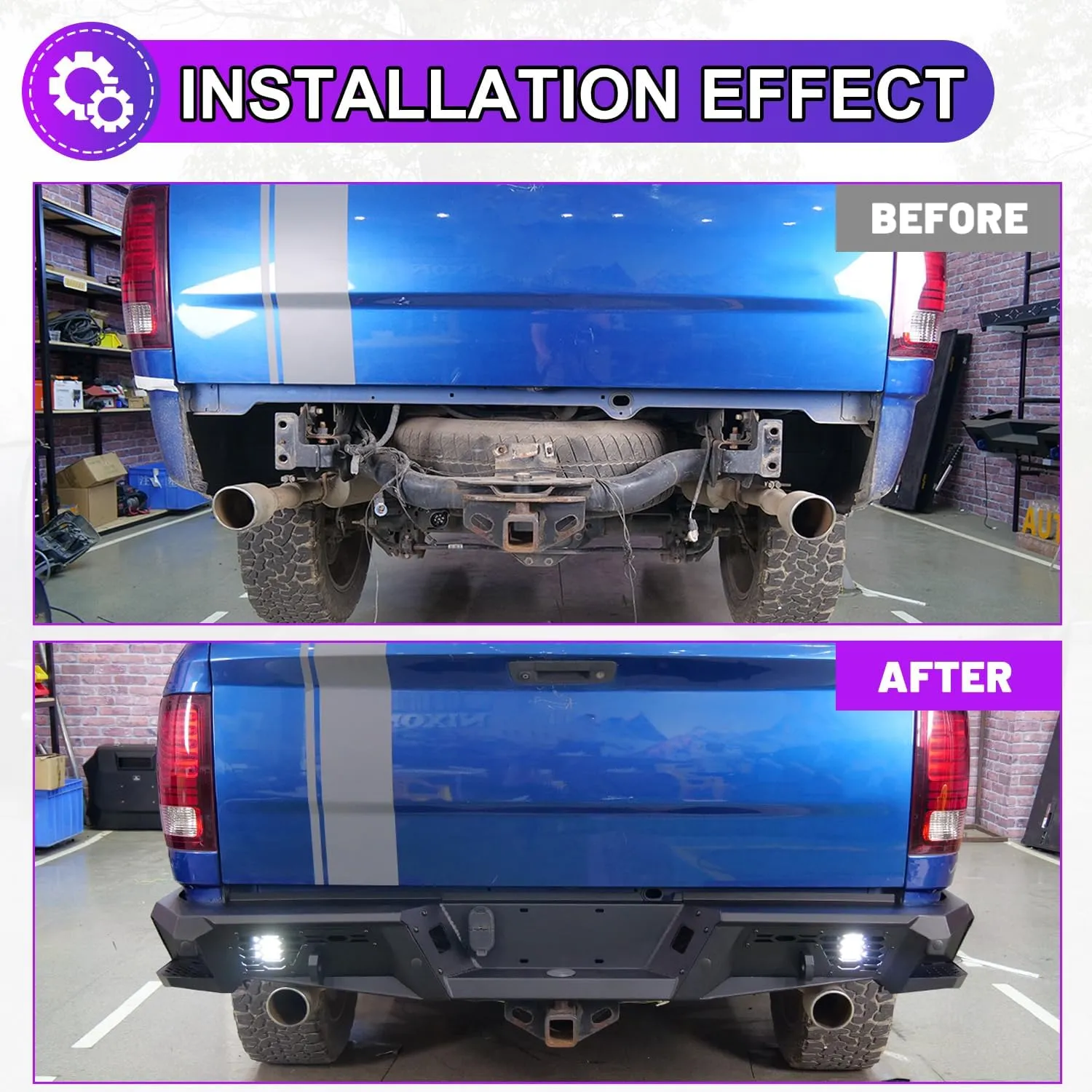 Nixon Offroad Rear Bumper for 2009-2018 Dodge Ram 1500 (Including for 2019-2024 RAM 1500 Classic) Heavy Duty Steel Offroad Back Bumper w/D-Rings w/LED Pod Lights, Side Steps Design, w/Sensor Hole