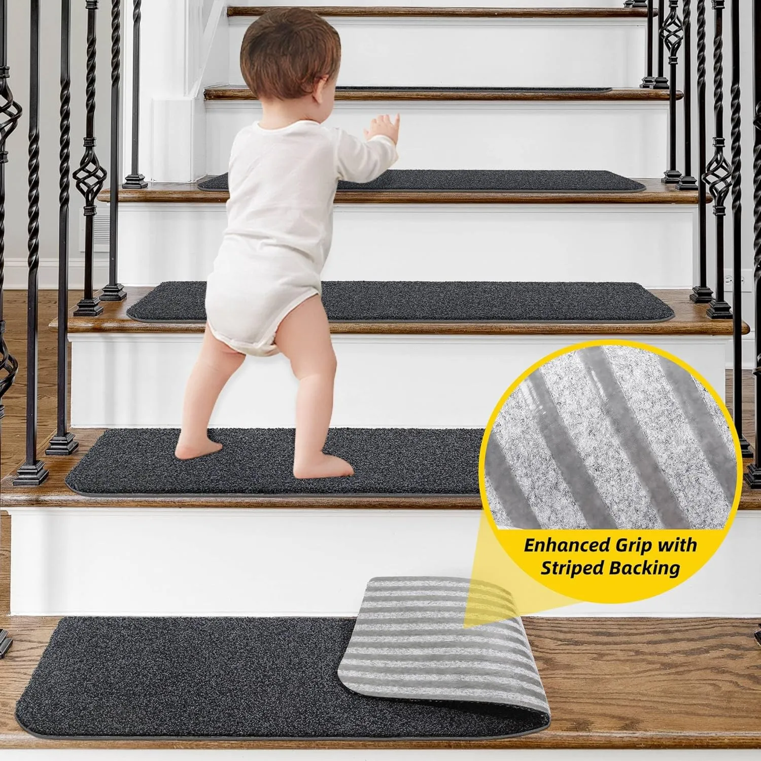 Non-Slip Stair Treads for Wooden Steps Indoor, 4 Pack 9" X 28" Stair Carpet Mats with TPE Backing for Kids Elders and Dogs, 0.3" Thick 100% Polyester Soft Stair Runner Rug, Black