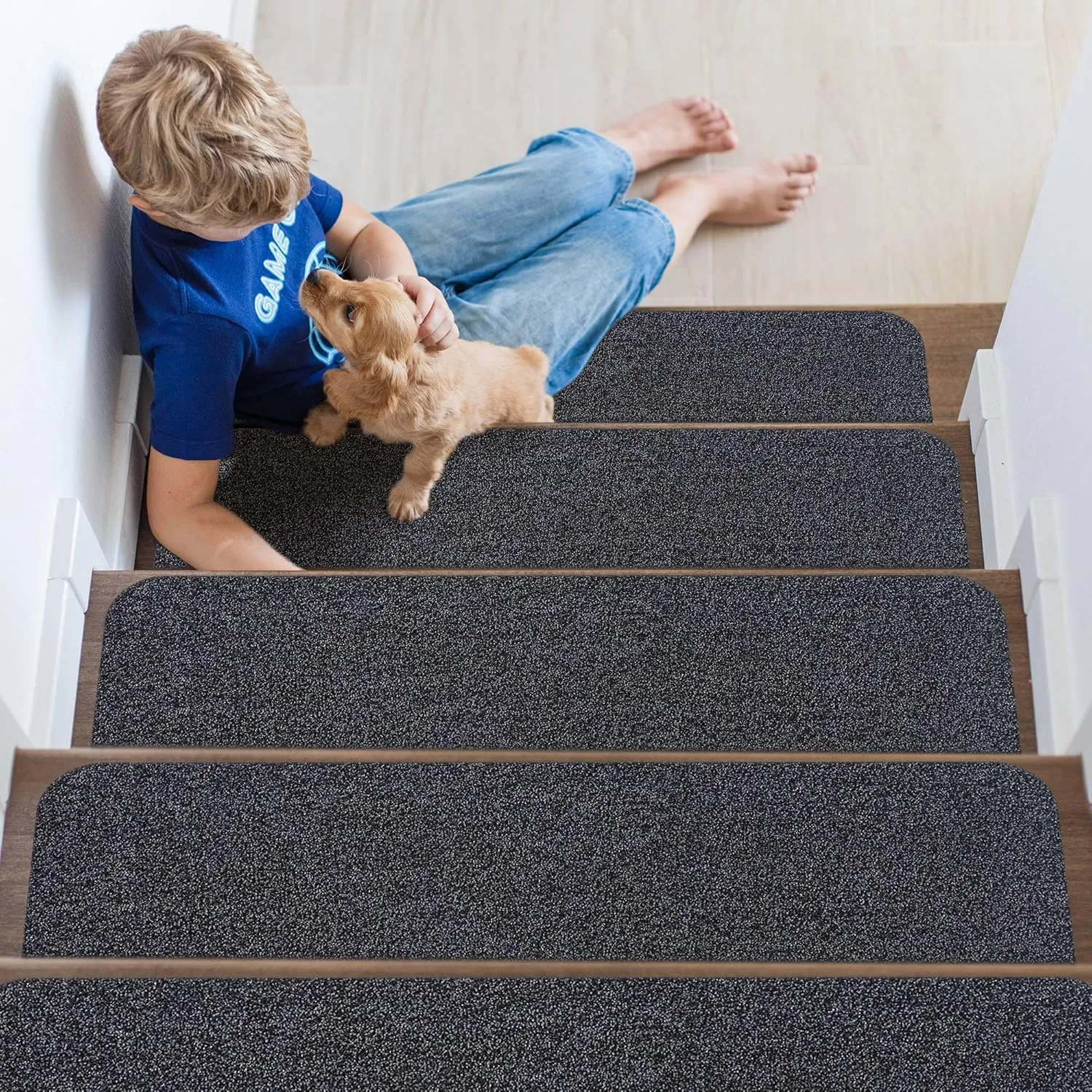 Non-Slip Stair Treads for Wooden Steps Indoor, 4 Pack 9" X 28" Stair Carpet Mats with TPE Backing for Kids Elders and Dogs, 0.3" Thick 100% Polyester Soft Stair Runner Rug, Black