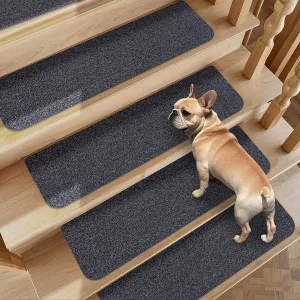 Non-Slip Stair Treads for Wooden Steps Indoor, 4 Pack 9" X 28" Stair Carpet Mats with TPE Backing for Kids Elders and Dogs, 0.3" Thick 100% Polyester Soft Stair Runner Rug, Black