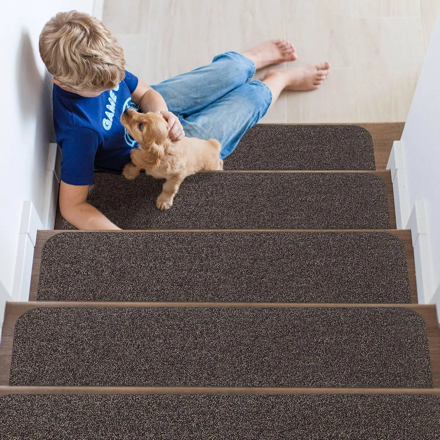 Non-Slip Stair Treads for Wooden Steps Indoor, 4 Pack 9" X 28" Stair Carpet Mats with TPE Backing for Kids Elders and Dogs, 0.3" Thick 100% Polyester Soft Stair Runner Rug, Brown