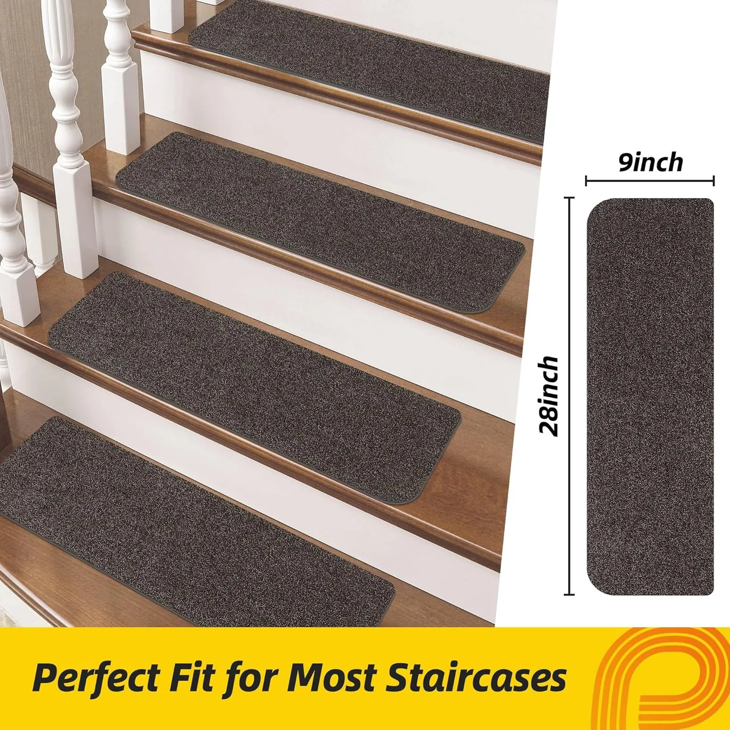 Non-Slip Stair Treads for Wooden Steps Indoor, 4 Pack 9" X 28" Stair Carpet Mats with TPE Backing for Kids Elders and Dogs, 0.3" Thick 100% Polyester Soft Stair Runner Rug, Brown