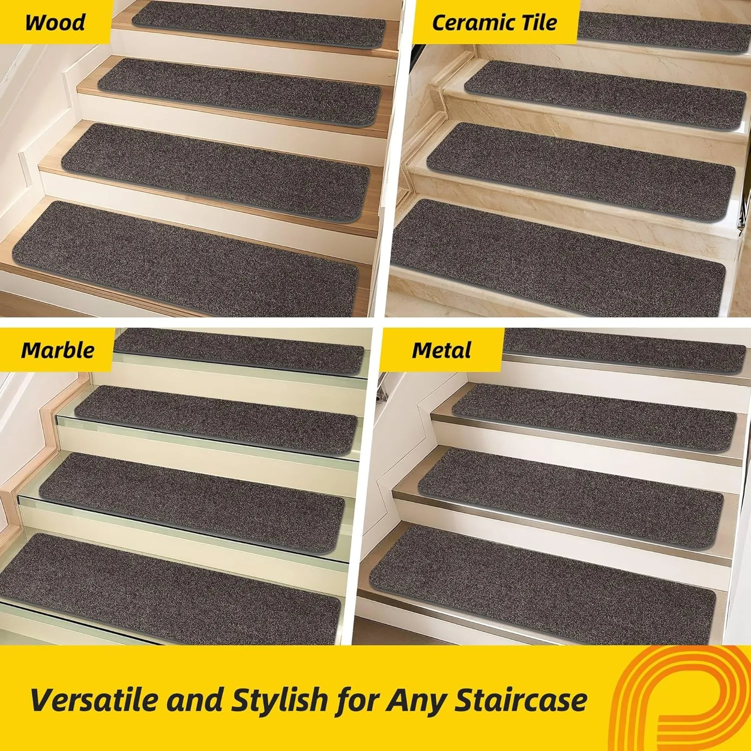 Non-Slip Stair Treads for Wooden Steps Indoor, 4 Pack 9" X 28" Stair Carpet Mats with TPE Backing for Kids Elders and Dogs, 0.3" Thick 100% Polyester Soft Stair Runner Rug, Brown
