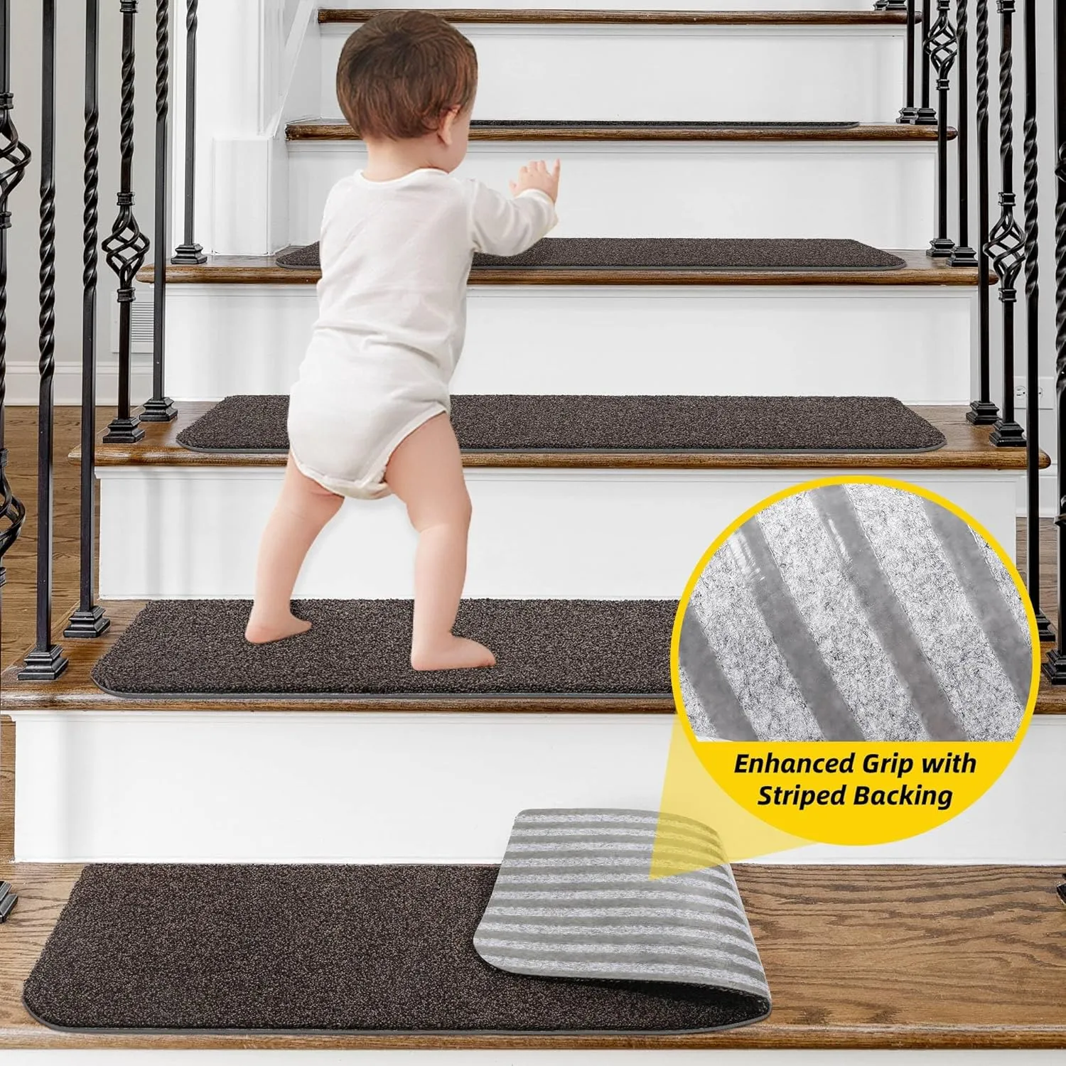 Non-Slip Stair Treads for Wooden Steps Indoor, 4 Pack 9" X 28" Stair Carpet Mats with TPE Backing for Kids Elders and Dogs, 0.3" Thick 100% Polyester Soft Stair Runner Rug, Brown