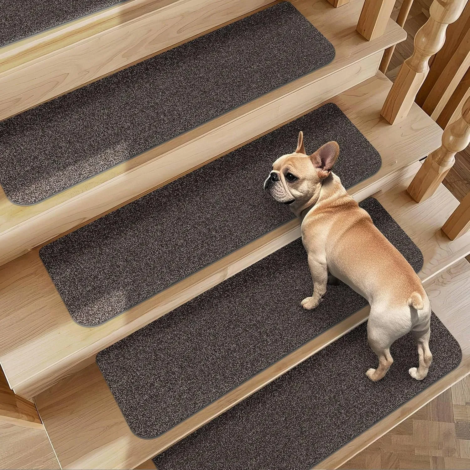 Non-Slip Stair Treads for Wooden Steps Indoor, 4 Pack 9" X 28" Stair Carpet Mats with TPE Backing for Kids Elders and Dogs, 0.3" Thick 100% Polyester Soft Stair Runner Rug, Brown