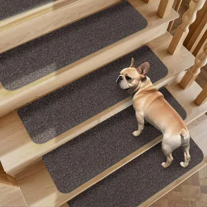 Non-Slip Stair Treads for Wooden Steps Indoor, 4 Pack 9" X 28" Stair Carpet Mats with TPE Backing for Kids Elders and Dogs, 0.3" Thick 100% Polyester Soft Stair Runner Rug, Brown