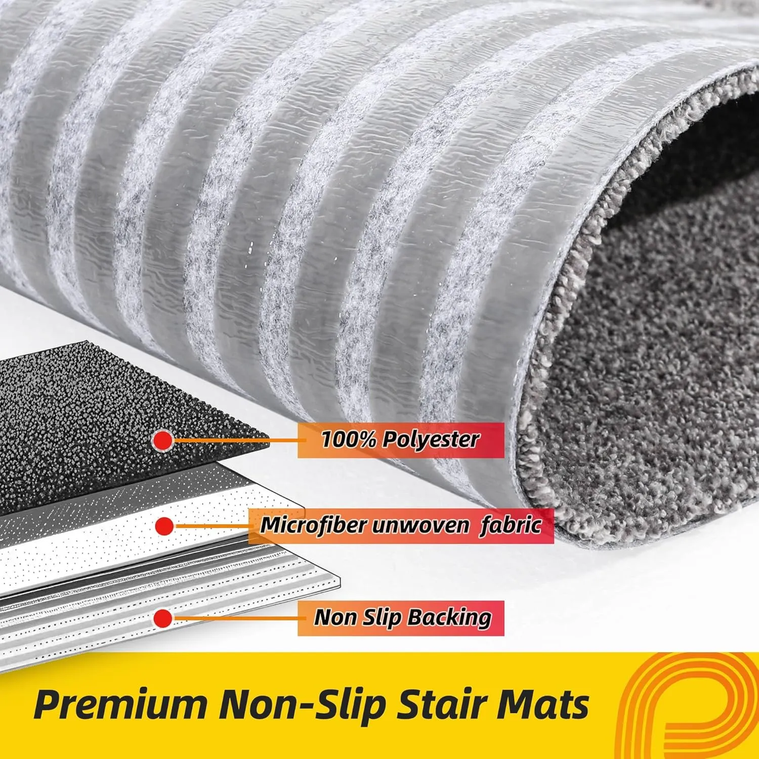 Non-Slip Stair Treads for Wooden Steps Indoor, 4 Pack 9" X 28" Stair Carpet Mats with TPE Backing for Kids Elders and Dogs, 0.3" Thick 100% Polyester Soft Stair Runner Rug, Light Grey