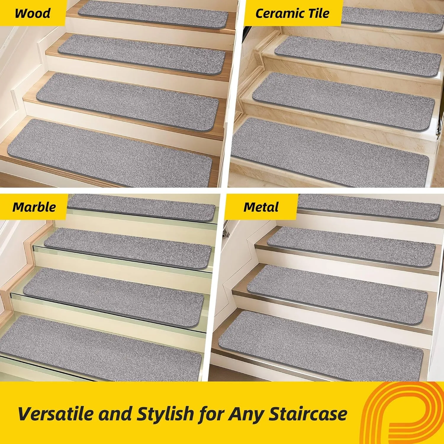 Non-Slip Stair Treads for Wooden Steps Indoor, 4 Pack 9" X 28" Stair Carpet Mats with TPE Backing for Kids Elders and Dogs, 0.3" Thick 100% Polyester Soft Stair Runner Rug, Light Grey
