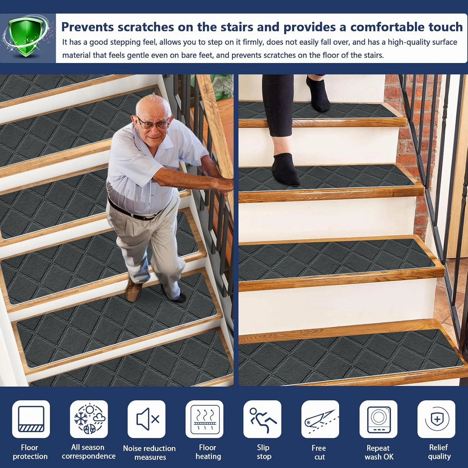 Non Slip Stair Carpet Treads for Wood Steps 8" X 30" (15 Pack), Indoor Stair Mats Covers with Adhesive, Anti-Slip Stair Runner Rug for Kids Elders and Dogs
