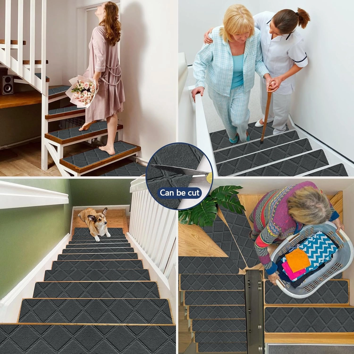 Non Slip Stair Carpet Treads for Wood Steps 8" X 30" (15 Pack), Indoor Stair Mats Covers with Adhesive, Anti-Slip Stair Runner Rug for Kids Elders and Dogs