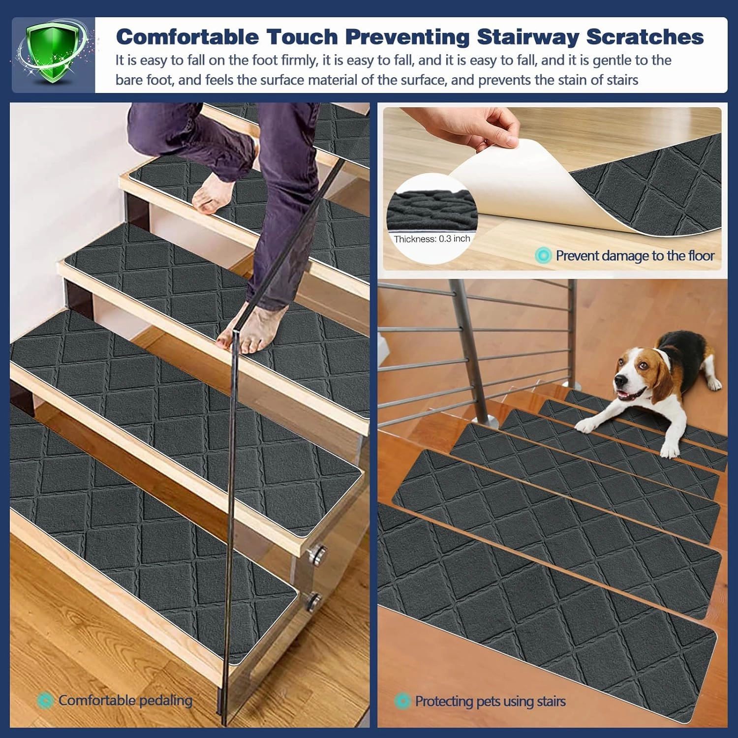 Non Slip Stair Carpet Treads for Wood Steps 8" X 30" (15 Pack), Indoor Stair Mats Covers with Adhesive, Anti-Slip Stair Runner Rug for Kids Elders and Dogs