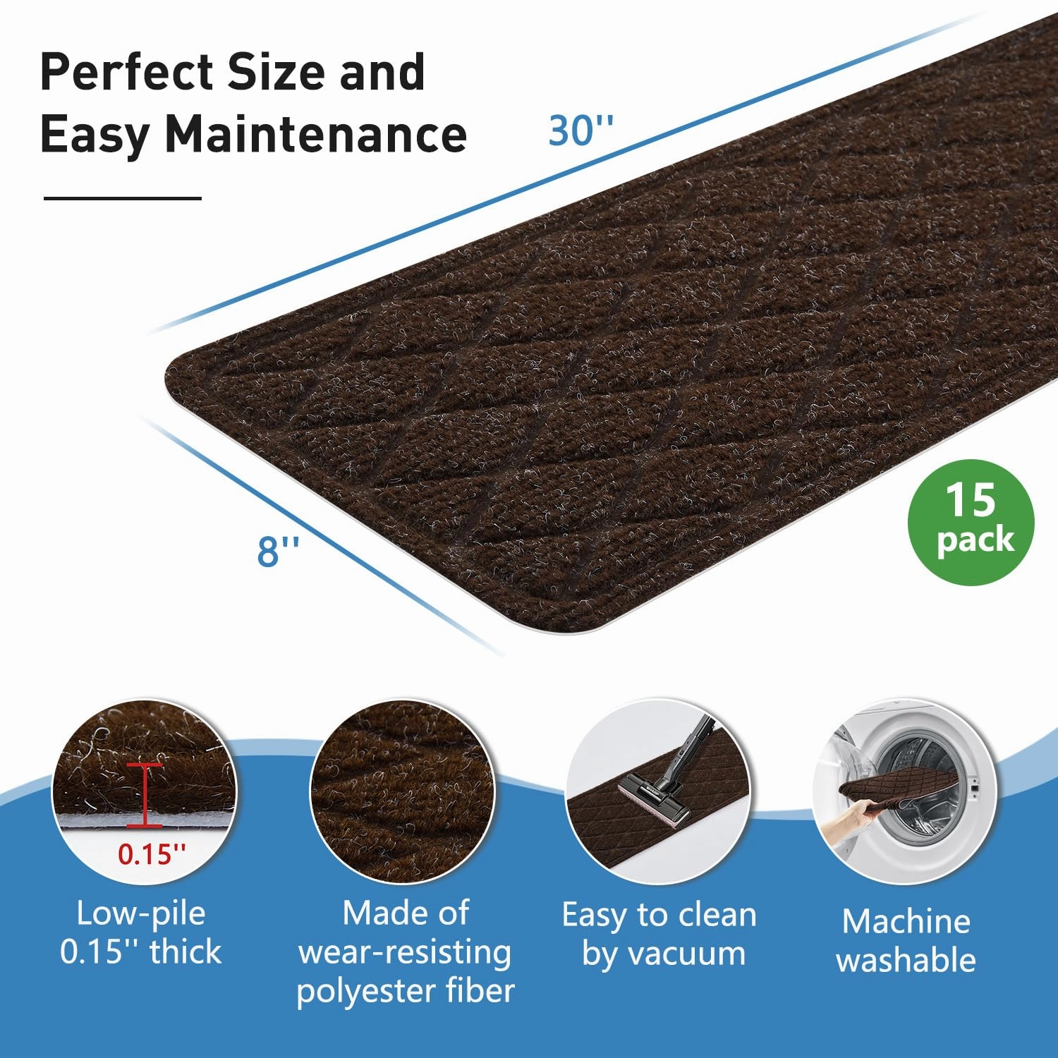 Non Slip Stair Treads for Wooden Steps,15 Pack 8" X 30" Stairs Carpet Treads Indoor with Reusable Peel and Stick Adhesive for Kids Elders and Pets,Polyester TPR Backing